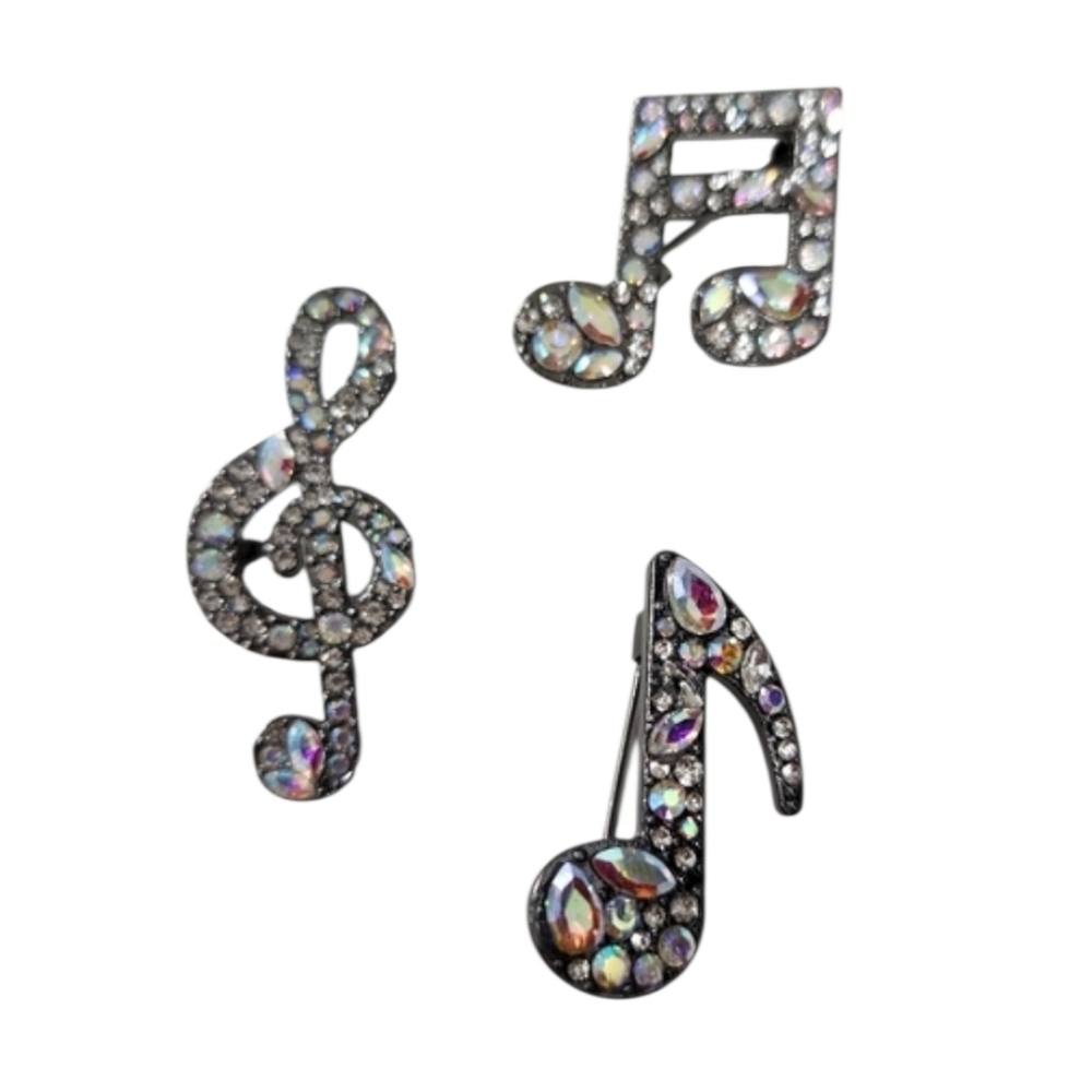 Rhinestone Music Note Brooch Pin Set Treble Clef, Eighth Note, Beamed Sixteenth